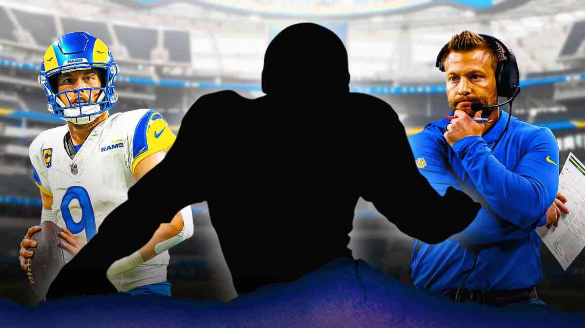 1 Mystery player in the middle, Matthew Stafford and coach Sean McVay around him, Los Angeles Rams wallpaper in the background