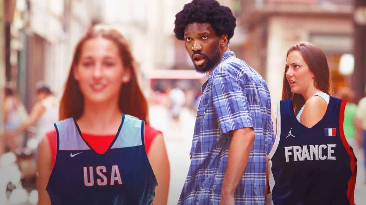 Joel Embiid in the Distracted Boyfriend meme.