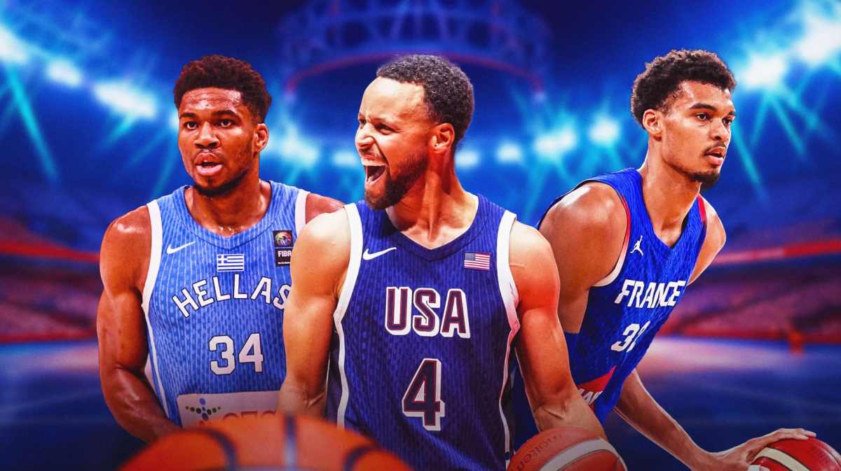Giannis Antetokounmpo, Stephen Curry and Victor Wembanyama playing for their home countries.