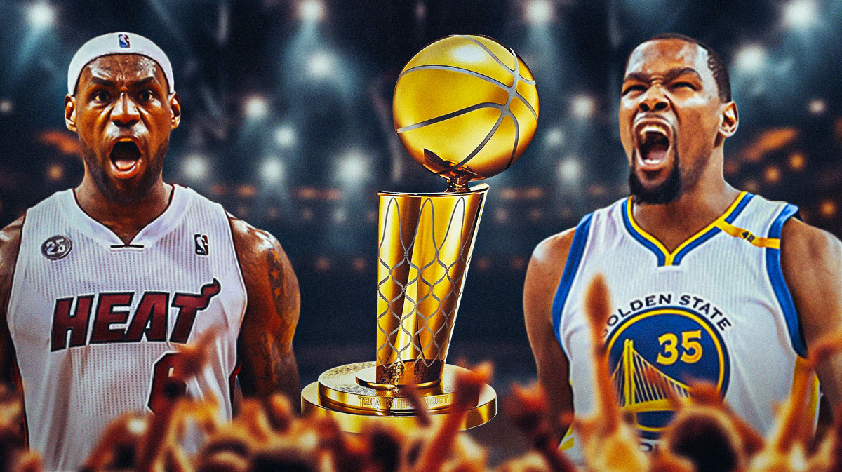 LeBron James playing for the Miami Heat and Kevin Durant playing for the Golden State Warriors.