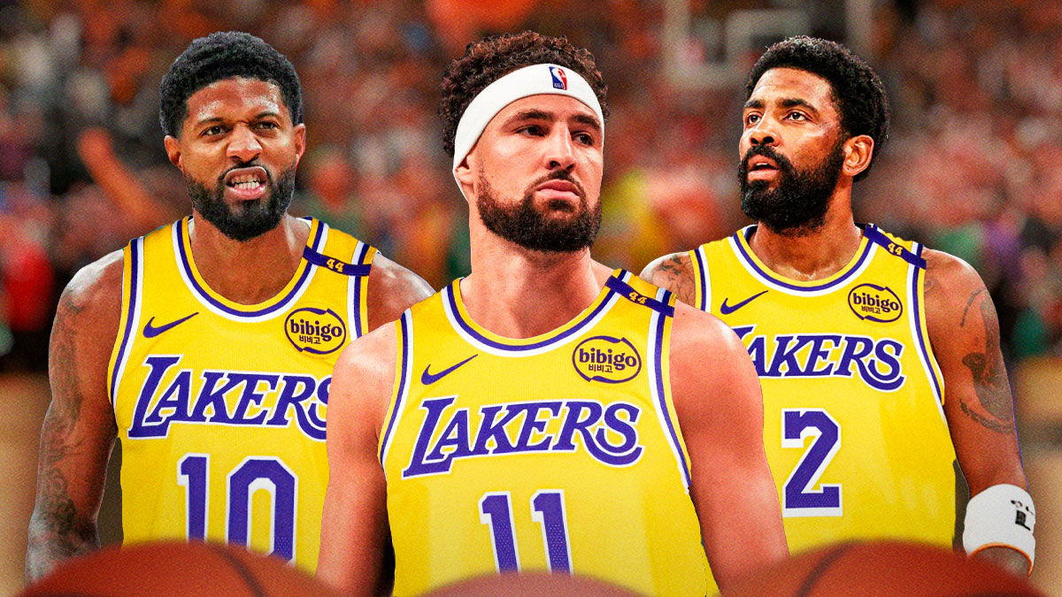 Paul George, Klay Thompson and Kyrie Irving in Lakers jerseys.