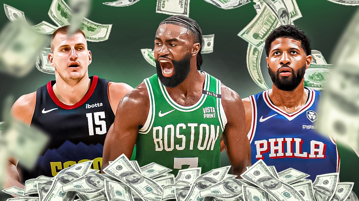 Nikola Jokic, Jaylen Brown, Paul George (in 76ers gear) all together. Cash all around the graphic.