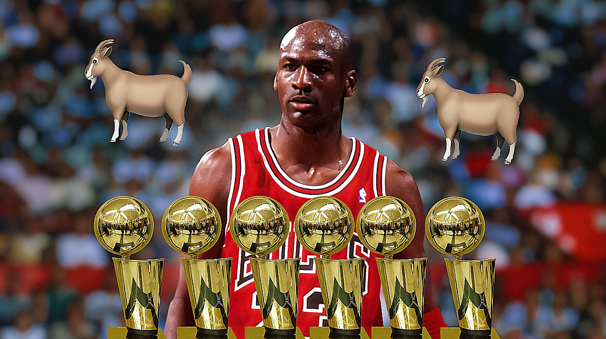 Michael Jordan with NBA championship trophies and goat emojis.