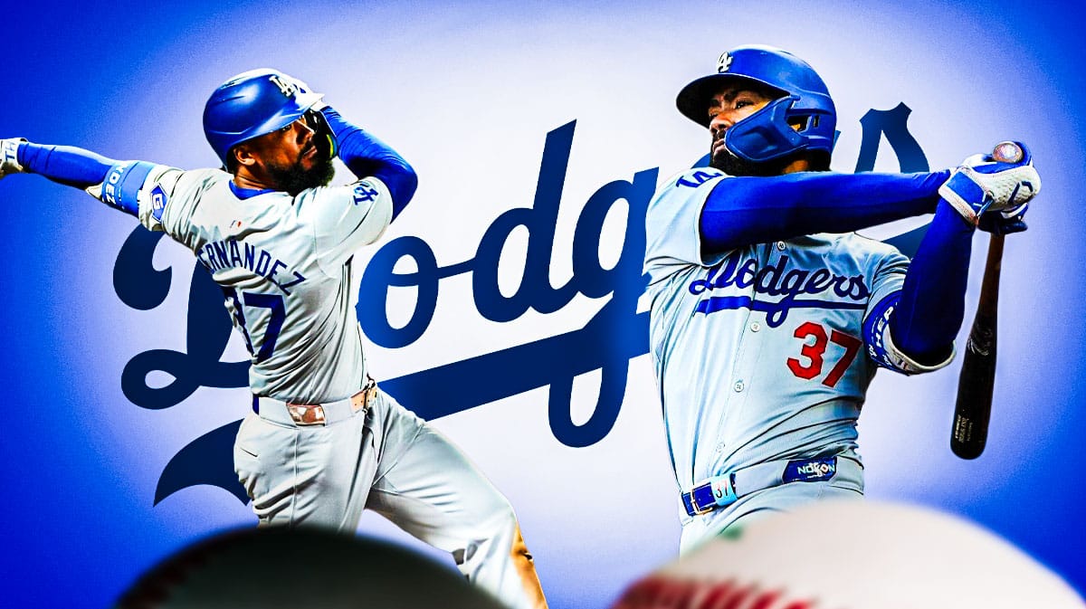 Teoscar Hernandez swinging a bat twice in front of a Dodgers logo