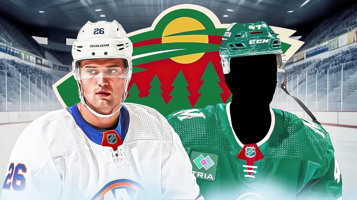 Oliver Wahlstrom and one silhouetted Minnesota Wild player in image (no C or A on jersey), Minnesota Wild logo, hockey rink in background