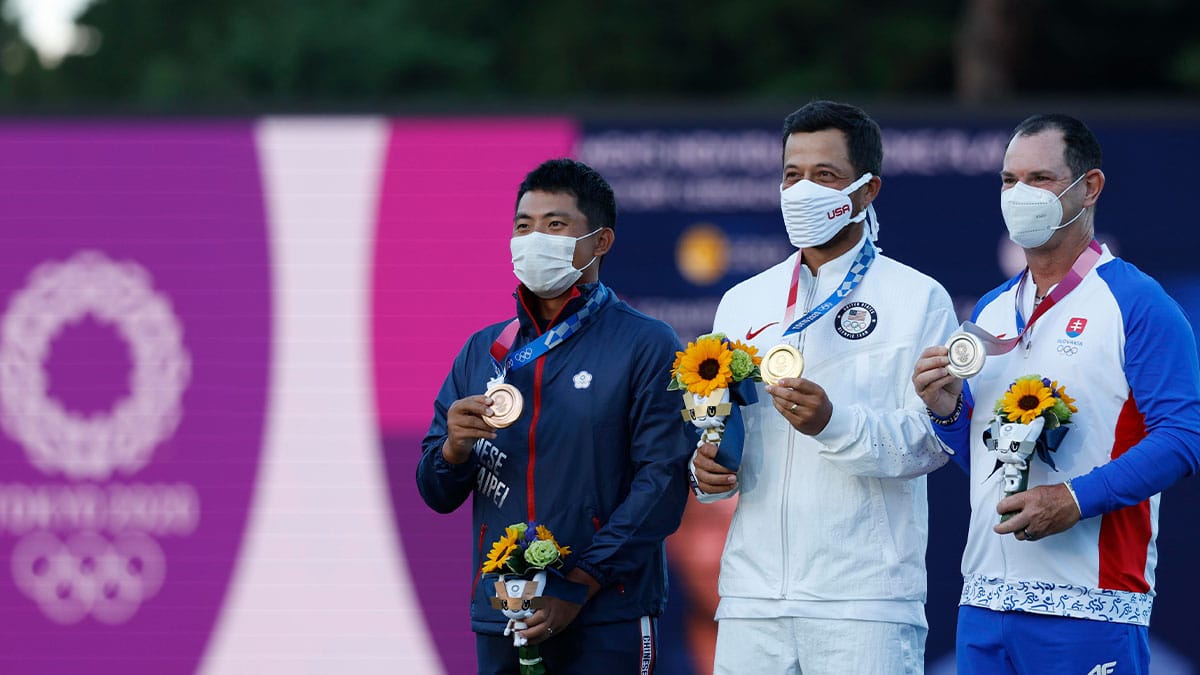 Medalists from left C.T. Pan , Rory Sabbatini and Xander Schauffele (USA) after the men's individual golf competition during the Tokyo 2020 Olympic Summer Games at Kasumigaseki Country Club.