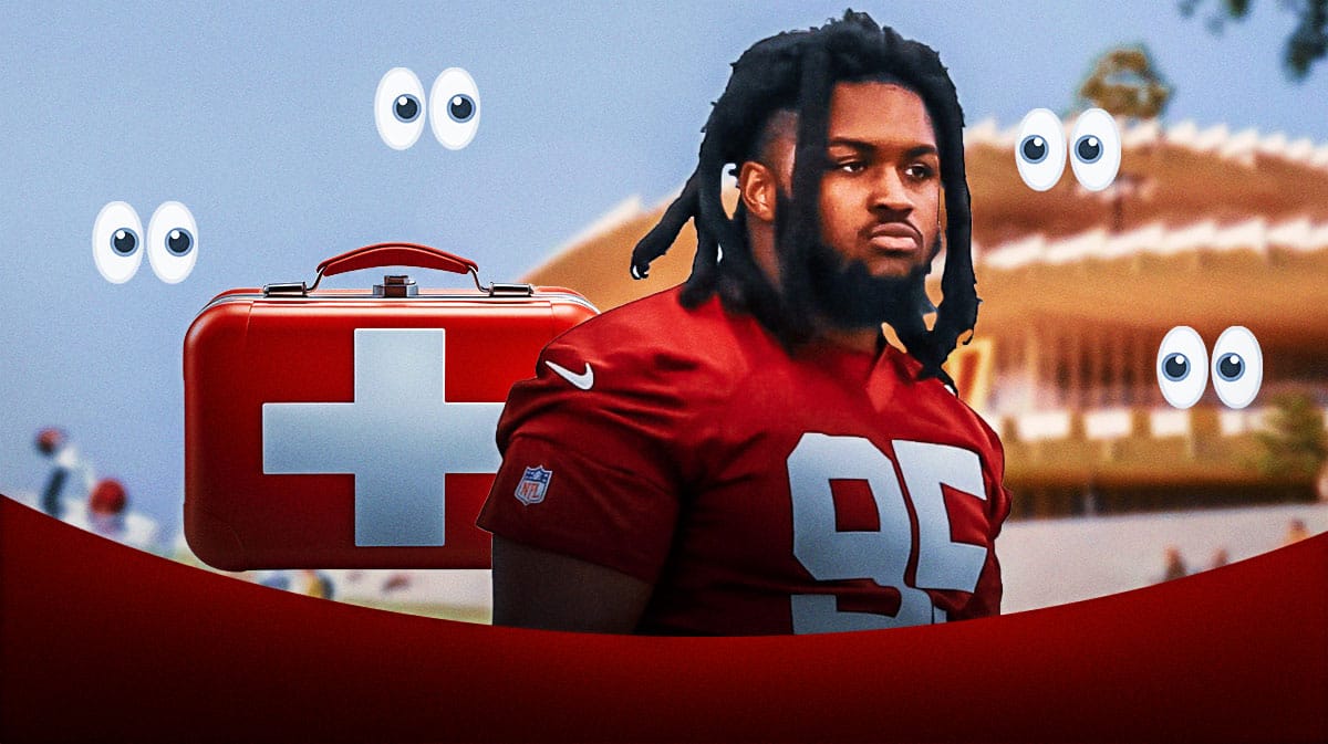 Jer'Zhan Newton in a Washington Commanders uniform with an injury kit in front of him and a bunch of the big eyes emojis in the background