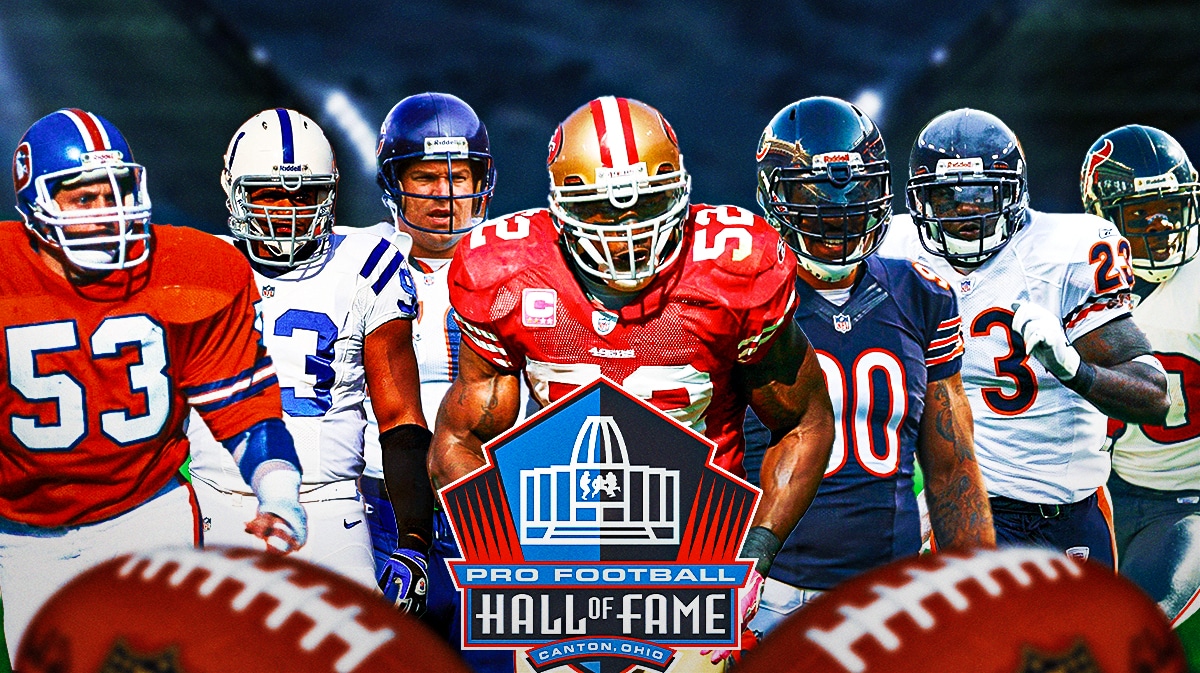Dwight Freeney, Randy Gradishar, Devin Hester, Andre Johnson, Patrick Willis, Julius Peppers, Steve McMichael all together during their NFL playing days. NFL Hall of Fame logo front and center.