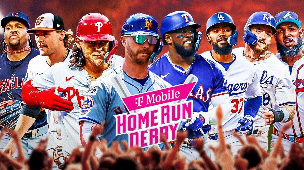 Pete Alonso, Alec Bohm, Adolis Garcia, Gunnar Henderson, Teoscar Herneandez, Marcell ozuna, Jose Ramirez, Bobby Witt Jr. all together. 2024 Home Run Derby logo in front.