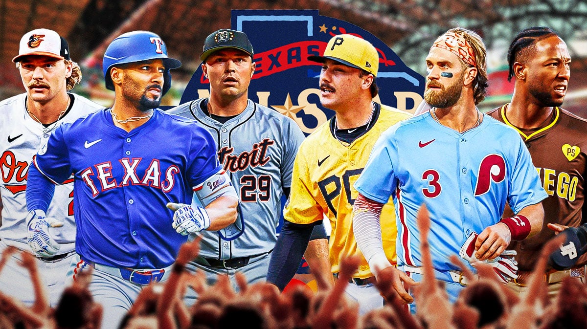 MLB All-Star logo in middle, on left Marcus Semien, Gunnar Henderson and Tarik Skubal, on right Bryce Harper, Jurickson Profar and Paul Skenes, baseball field in background MLB Power Rankings