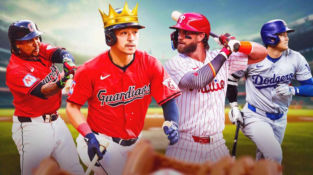 Photo: Steven Kwan with a crown on in Guardians jersey, Jose Ramirez, Bryce Harper in Phillies jersey, Shohei Ohtani in Dodgers jerseys in background