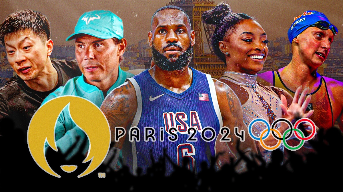 Katie Ledecky, LeBron James, Simone Biles, Ma Long, Rafael Nadal all together. All preferably in their nation's Olympic gear. 2024 Paris Olympics logo front and center.