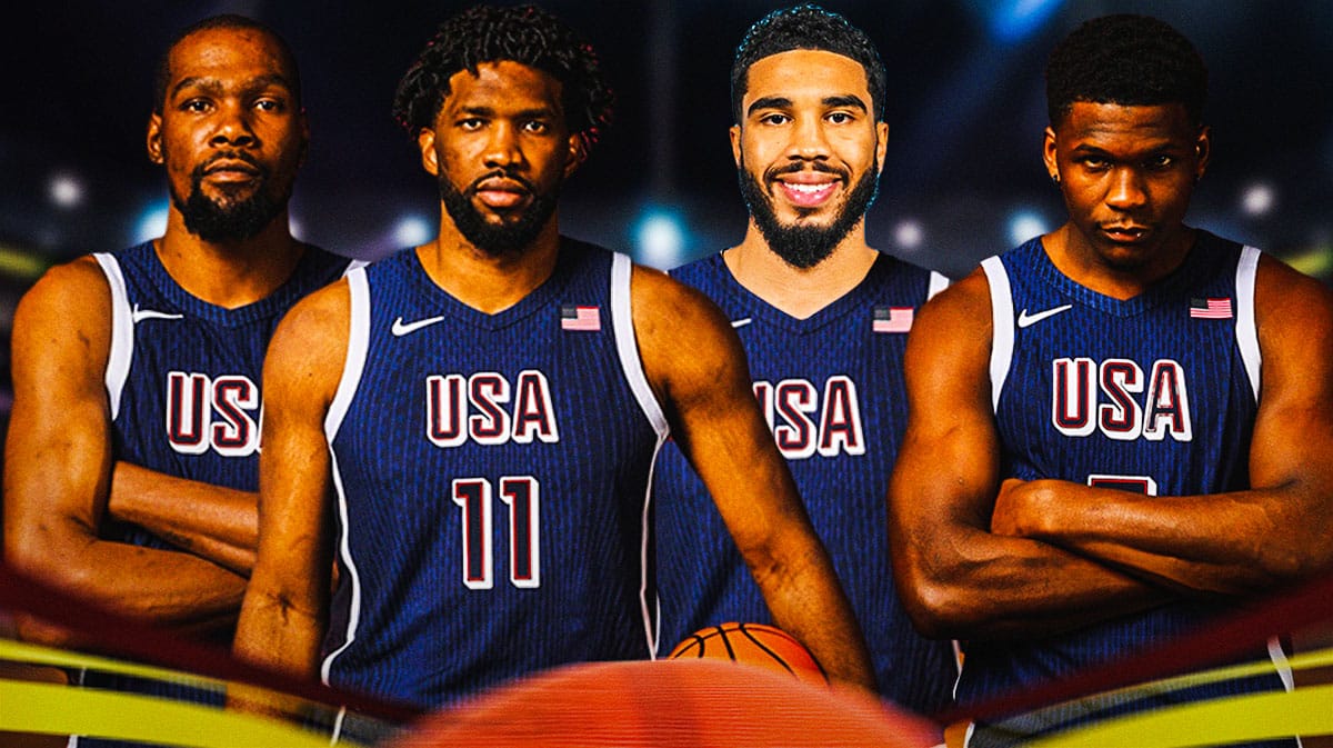 Kevin Durant, Joel Embiid, Jayson Tatum, Anthony Edwards all wearing Team USA gear. 