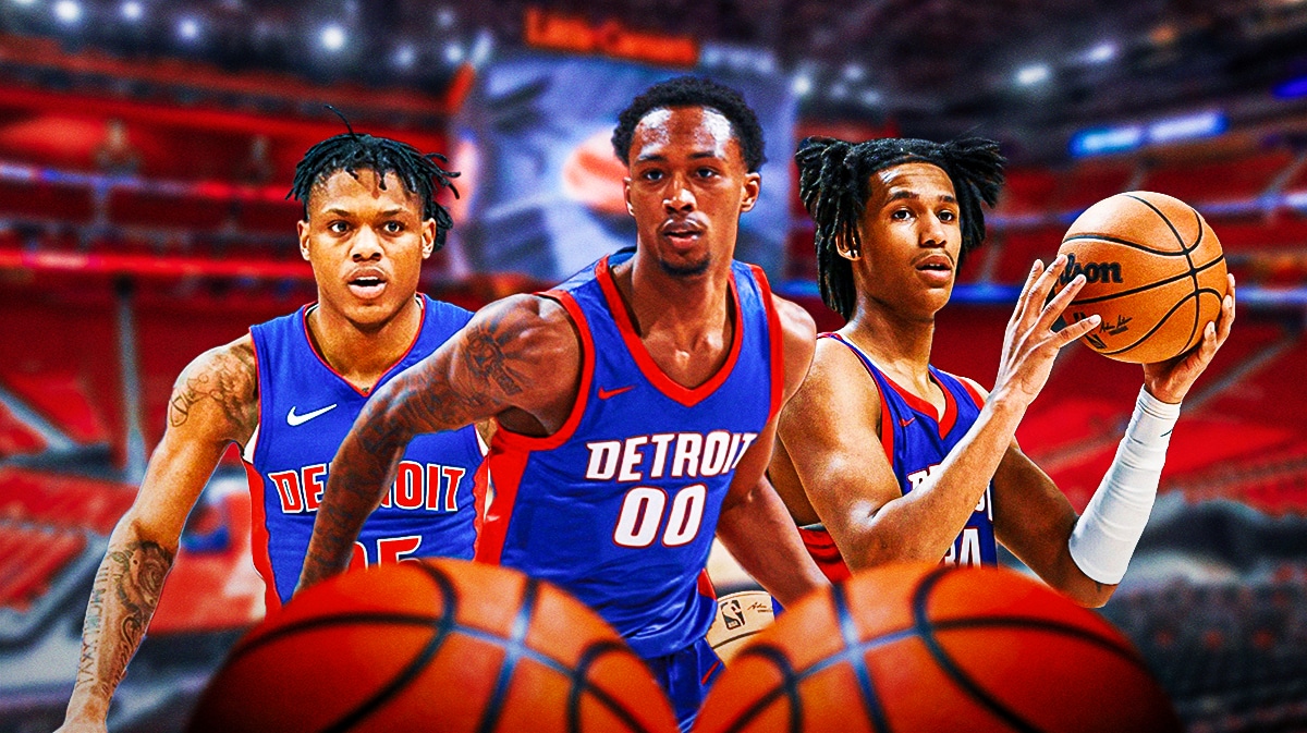 Ron Holland II, Bobi Klintman, Marcus Sasser all in Pistons jerseys (in action in Summer League