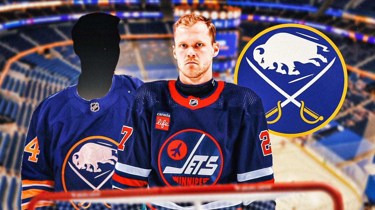Nikolaj Ehlers in middle looking hopeful, one silhouetted Buffalo Sabres player on either side, Buffalo Sabres logo, hockey rink in background