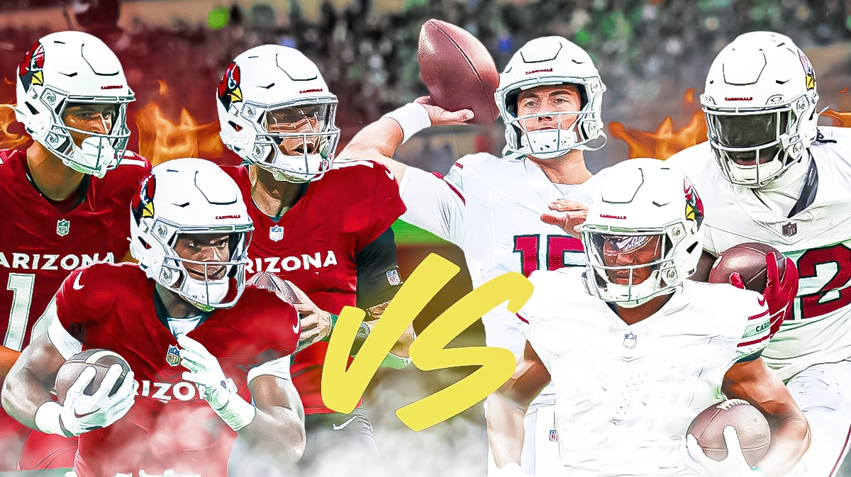 Cardinals Michael Wilson, Trey Benson and Desmond Ridder on one side of the Vs. symbol, Michael Carter, Clayton Tune and Zay Jones on the other