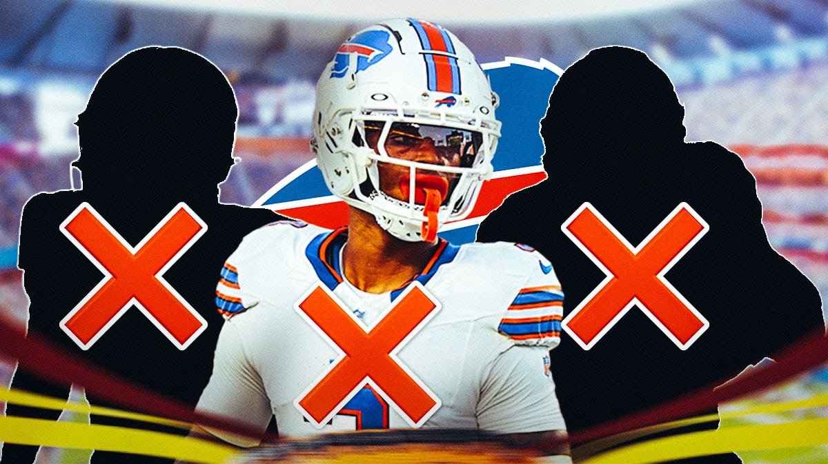 Bills logo in front, Damar Hamlin in the middle with a big red X over him, a silhouette of Marquez Valdes-Scantling with a red X over it, a silhouette of Ty Johnson with a red x over it