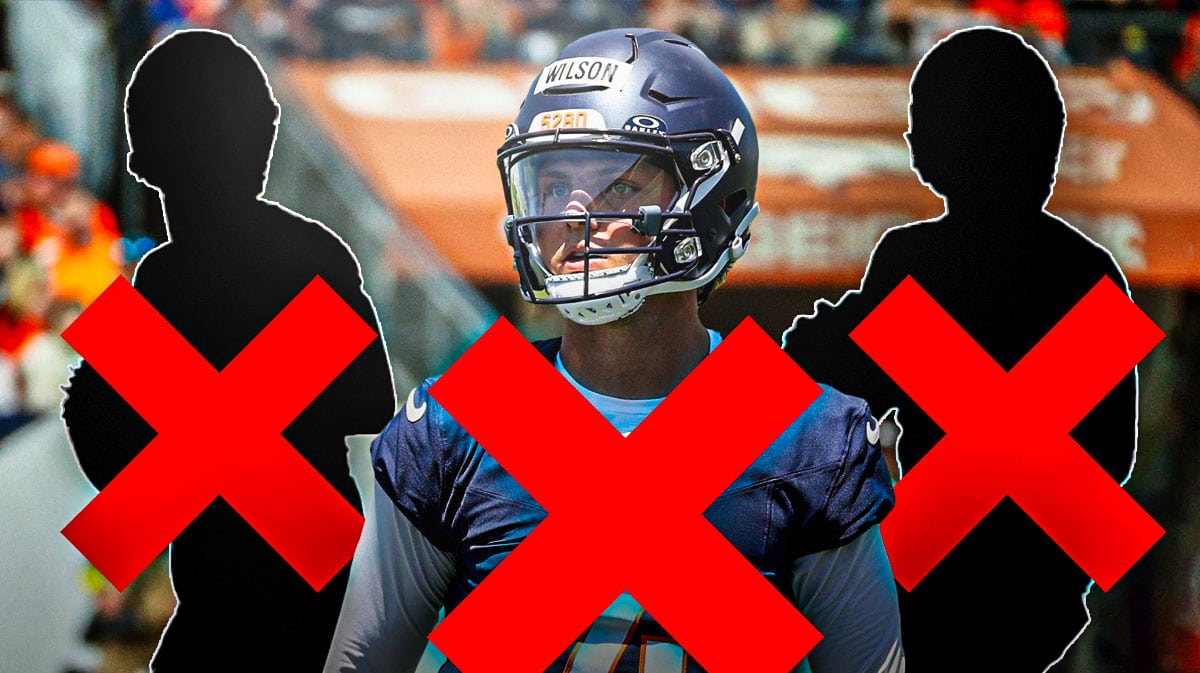 Zach Wilson in a Broncos uniform with a red x over him, two football player silhouettes on left and right with red x's over them, Broncos logo as background