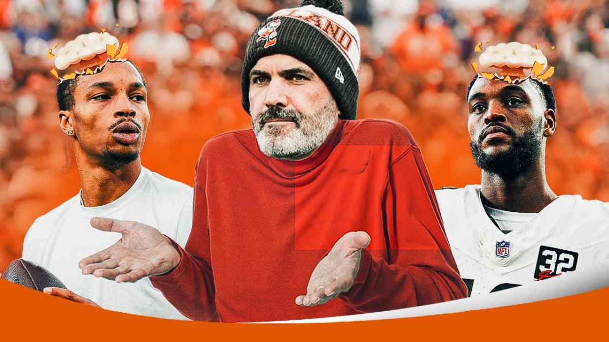 Browns' Dorian Thompson-Robinson and David Bell with mind-blown heads. Kevin Stefanski in the middle as the old man shrugging meme