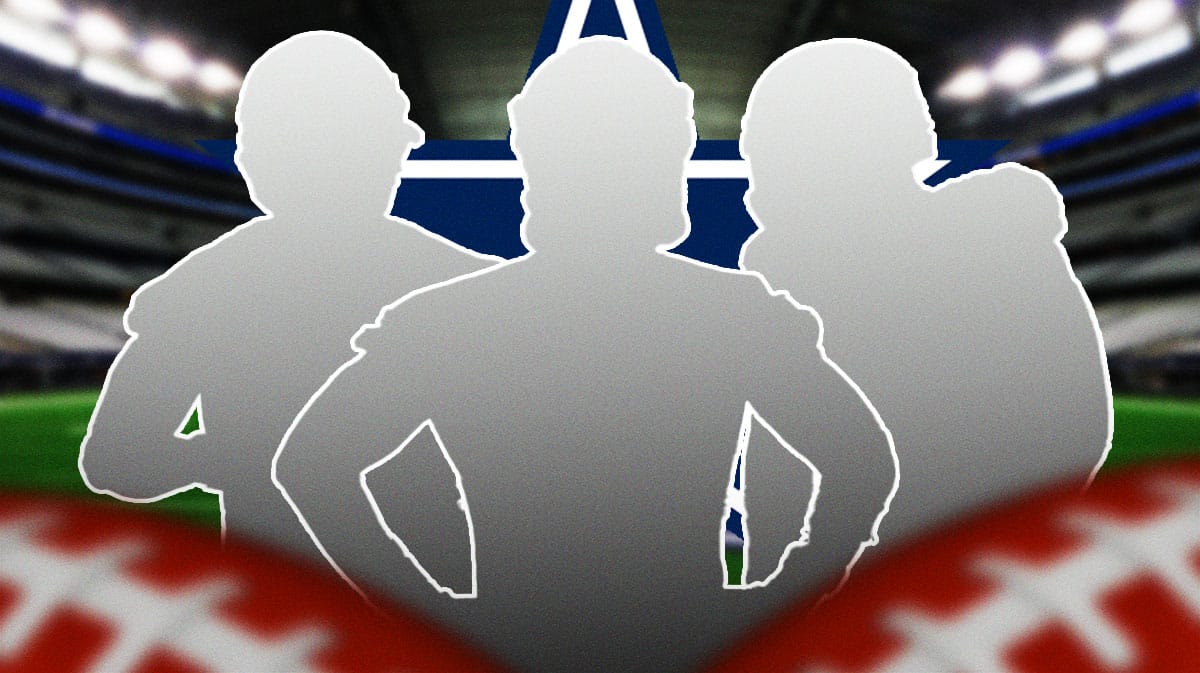 3 Mystery players beside each other, Dallas Cowboys wallpaper in the background