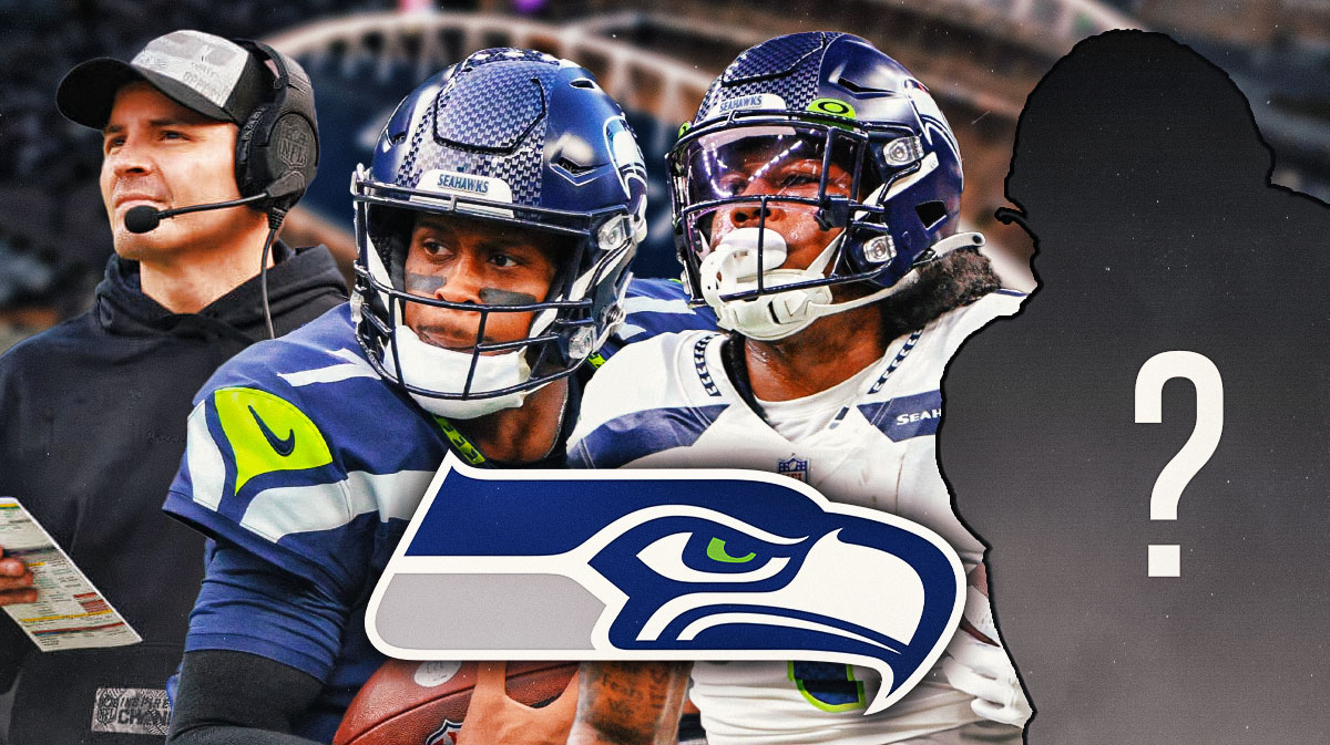 Seattle Seahawks with head coach Mike Macdonald, QB Geno Smith, WR Dee Eskridge, and a silhouette of an American football player with a big question mark emoji inside. There is also a logo for the Seattle Seahawks.