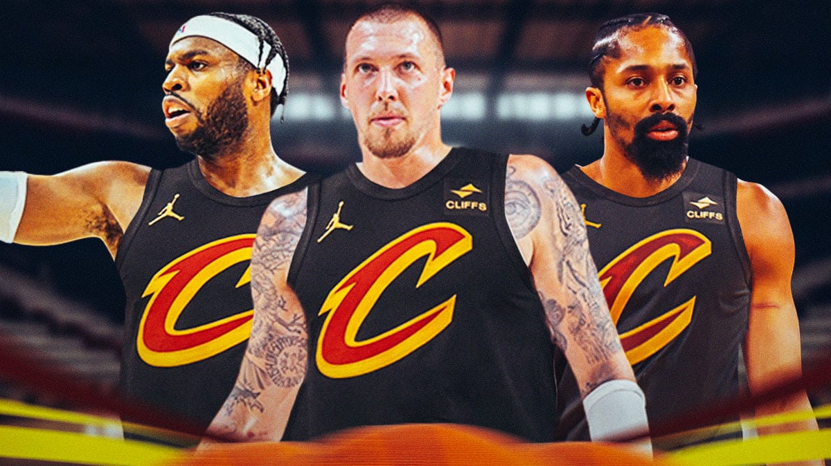 Image: Buddy Hield, Daniel Theis, Spencer Dinwiddie in Cavs uniforms