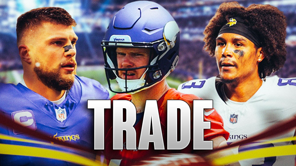 Photo: Robert Tonyan, Sam Darnold, Jalen Nailor in Vikings jerseys, TRADE sign above/behind them
