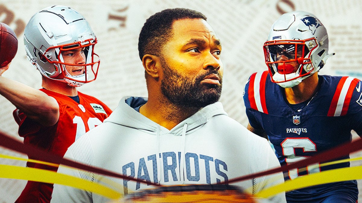 A newspaper as the background, Jerod Mayo in the middle, Drake Maye on one side, Christian Gonzalez on the other side