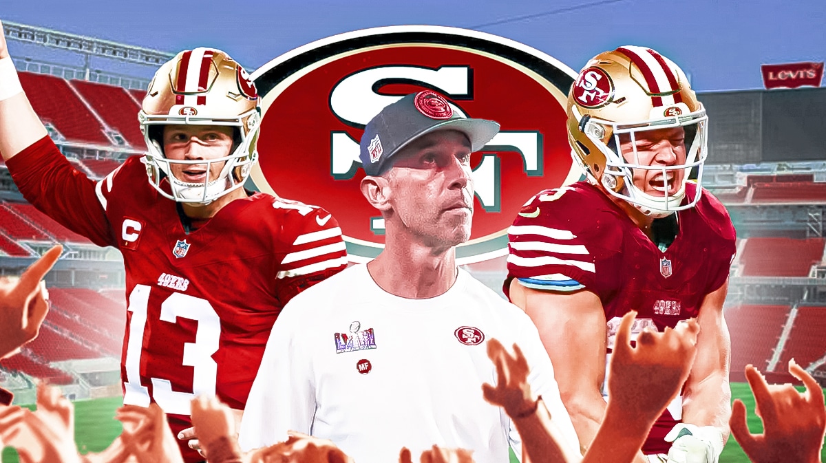 49ers Kyle Shanahan, Christian McCaffrey and Brock Purdy looking fired up at Levi's Stadium