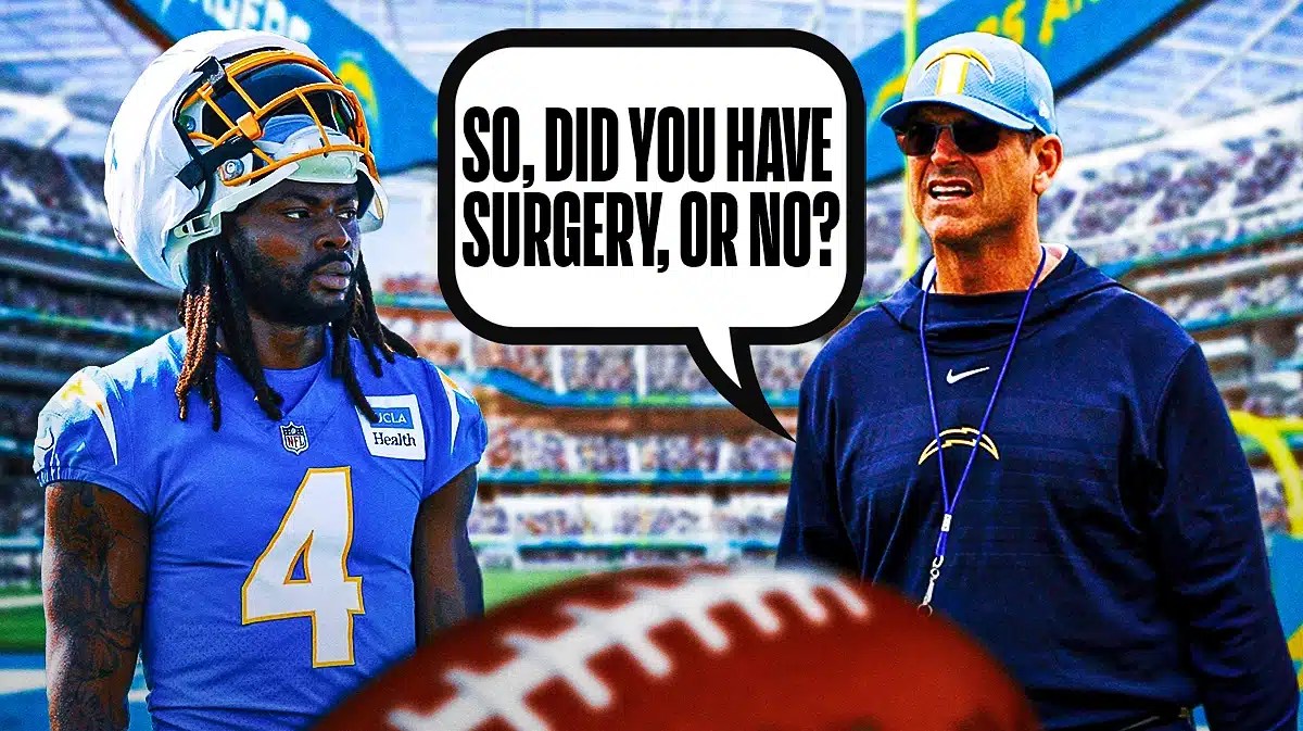 Chargers head coach Jim Harbaugh with running back Gus Edwards