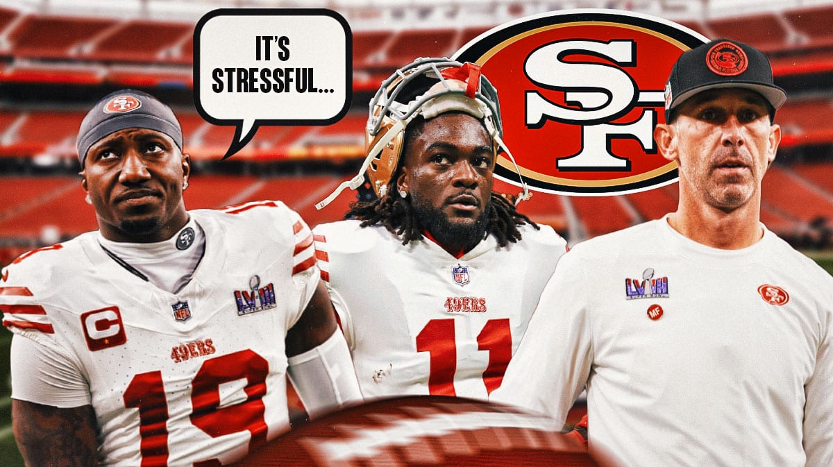 San Francisco 49ers WRs Deebo Samuel and Brandon Aiyuk with head coach Kyle Shanahan. Samuel has a speech bubble that says “It’s stressful…” There is also a logo for the San Francisco 49ers.