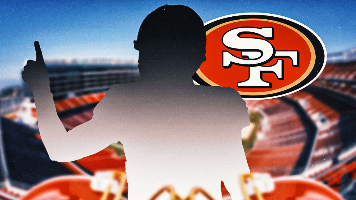 A silhouette of an American football player with a big question mark emoji inside. There is also a logo for the San Francisco 49ers.