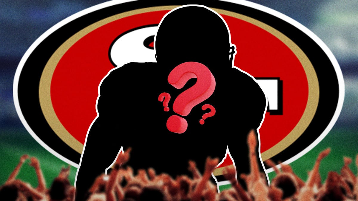One silhouetted San Francisco 49ers quarterback in image, San Francisco 49ers logo, football field in background