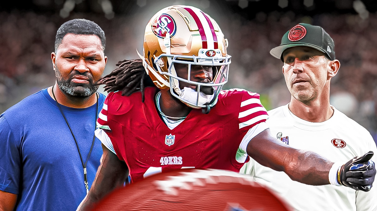 49ers Kyle Shanahan and Brandon Aiyuk with Patriots Jerod Mayo
