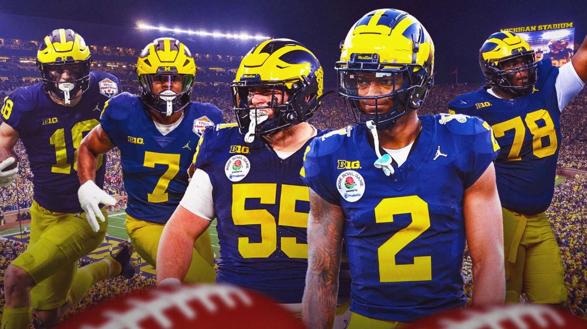 Michigan football, Wolverines, EA Sports College Football 2025, Will Johnson, Mason Graham, Will Johnson, Kenneth Grant, Donovan Edwards, Colston Loveland and Mason Graham with Michigan football stadium in the background