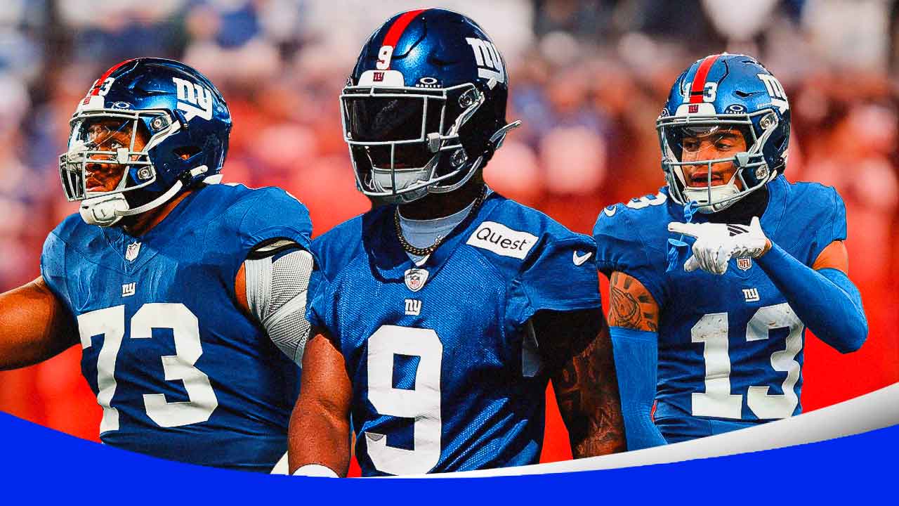 Photo: Evan Neal, Malik Nabers, Jalin Hyatt in Giants jerseys