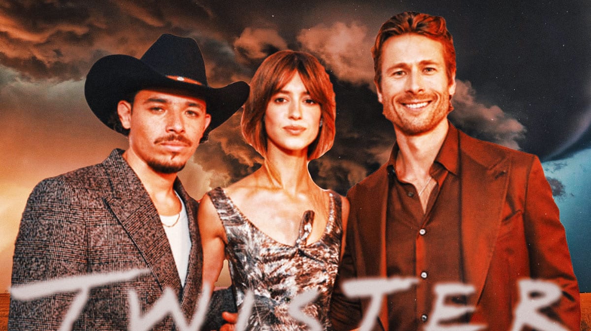 Twisters stars Anthony Ramos, Daisy Edgar-Jones, and Glen Powell in front of tornado.