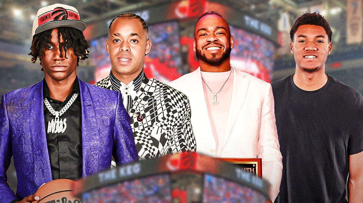 Ja'Kobe Walter, Jonathan Mogbo, Jamal Shead, Ulrich Chomche around each other, Toronto Raptors wallpaper in the background