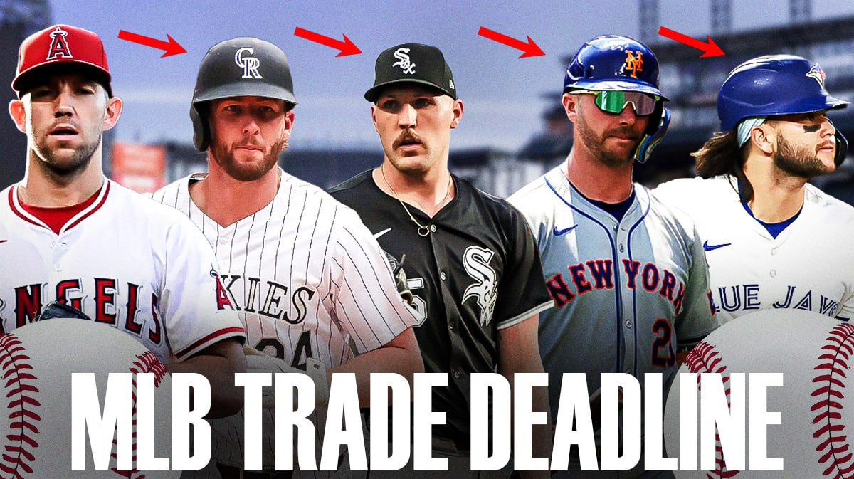 Tyler Anderson, Ryan McMahon, Garret Crochet, Pete Alonso, Bo Bichette all together. Arrows pointing every which way on the graphic. "MLB Trade Deadline" at the bottom of the graphic.