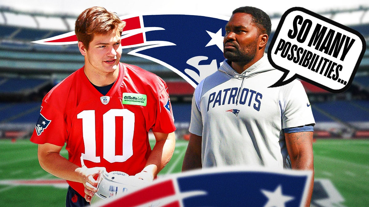 New England Patriots rookie QB Drake Maye with head coach Jerod Mayo. Mayo has a speech bubble that says “So many possibilities…” There is also a logo for the New England Patriots.