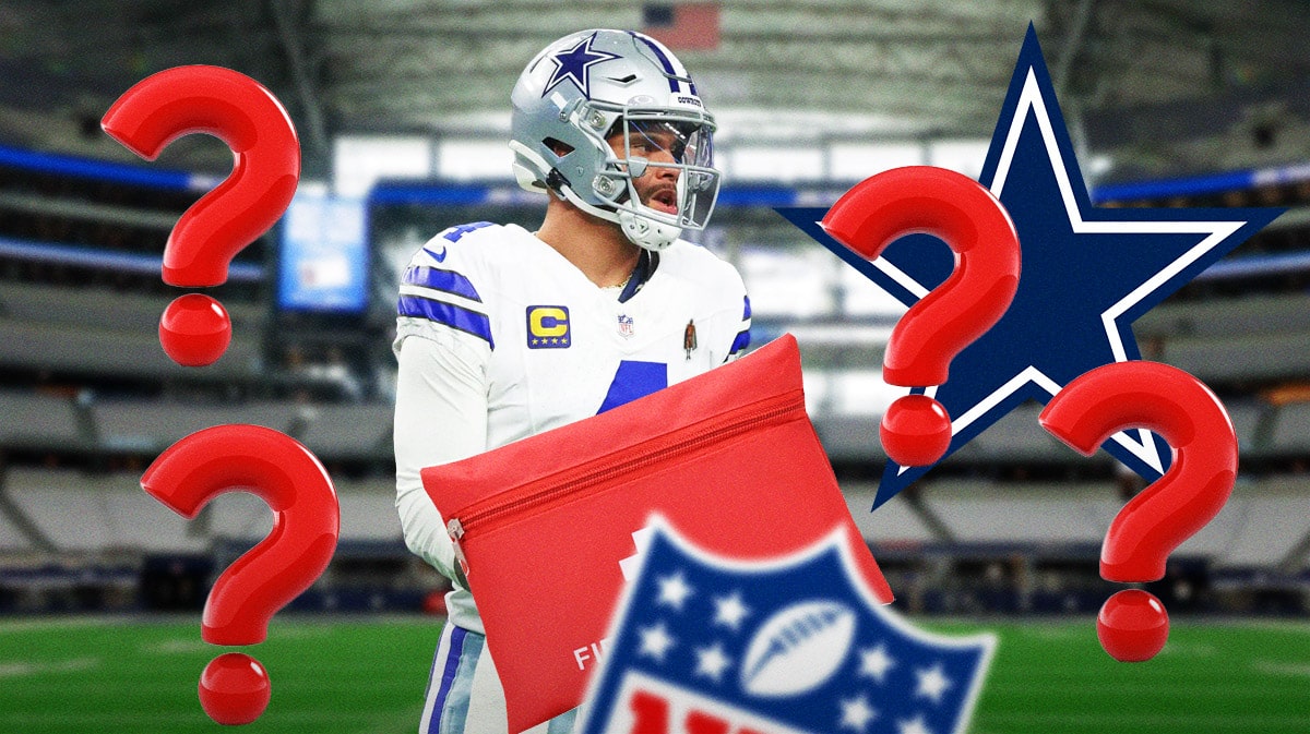 Cowboys QB Dak Prescott with an injury symbol next to him. He is surrounded by question mark emojis. There is also a logo for the Dallas Cowboys.