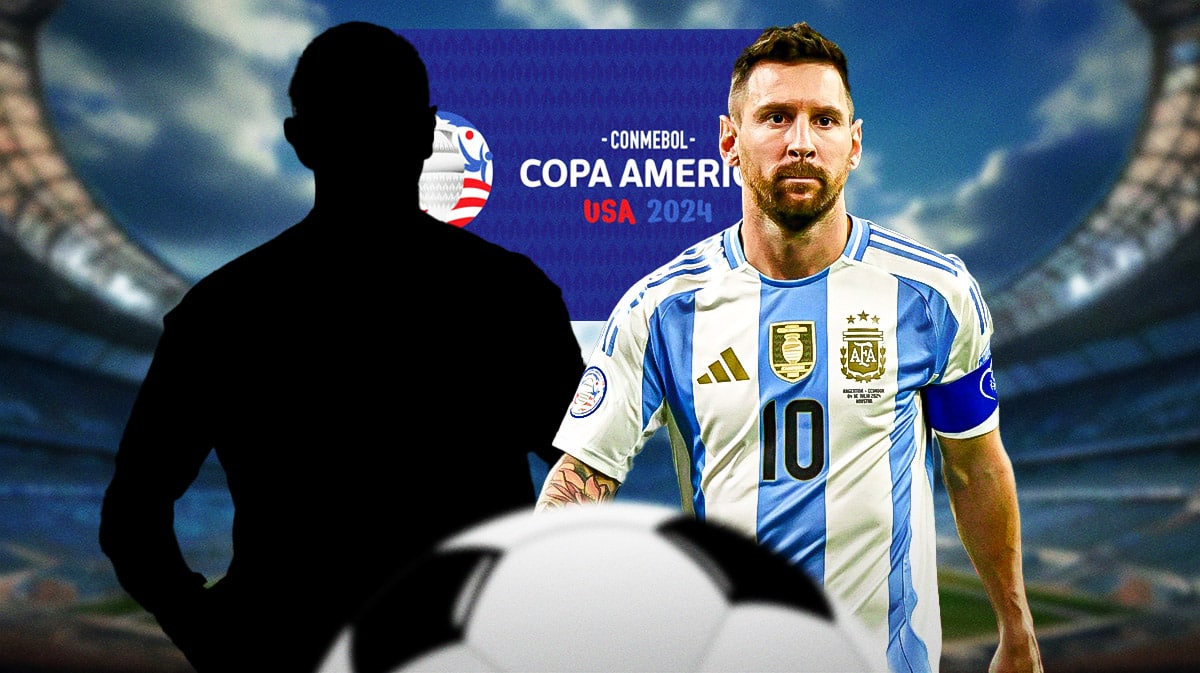 The silhouette of Emi Martinez next to Lionel Messi in front of the Copa America logo