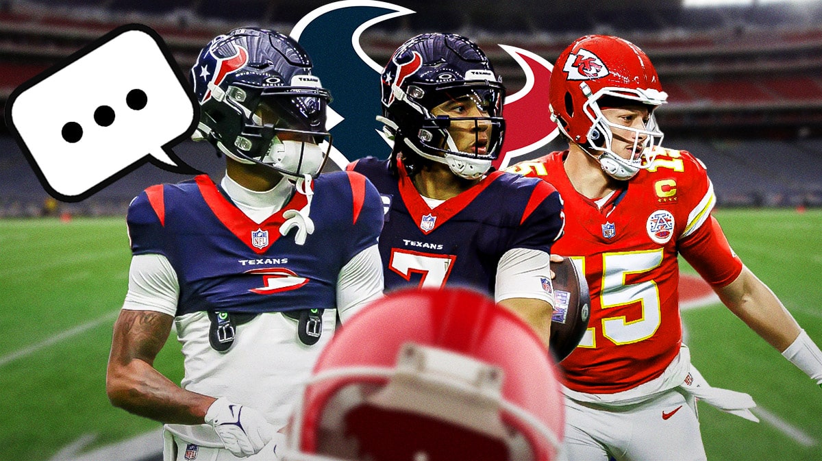 Houston Texans wide receiver Tank Dell with QB C.J. Stroud and Kansas City Chiefs QB Patrick Mahomes. Dell has a speech bubble with the three dots emoji inside. There is also a logo for the Houston Texans.