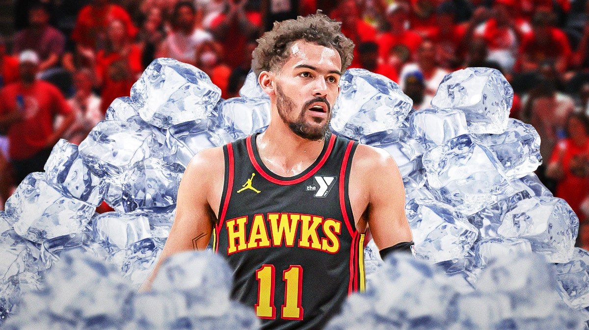 Atlanta Hawks star Trae Young in front of ice and State Farm Arena.
