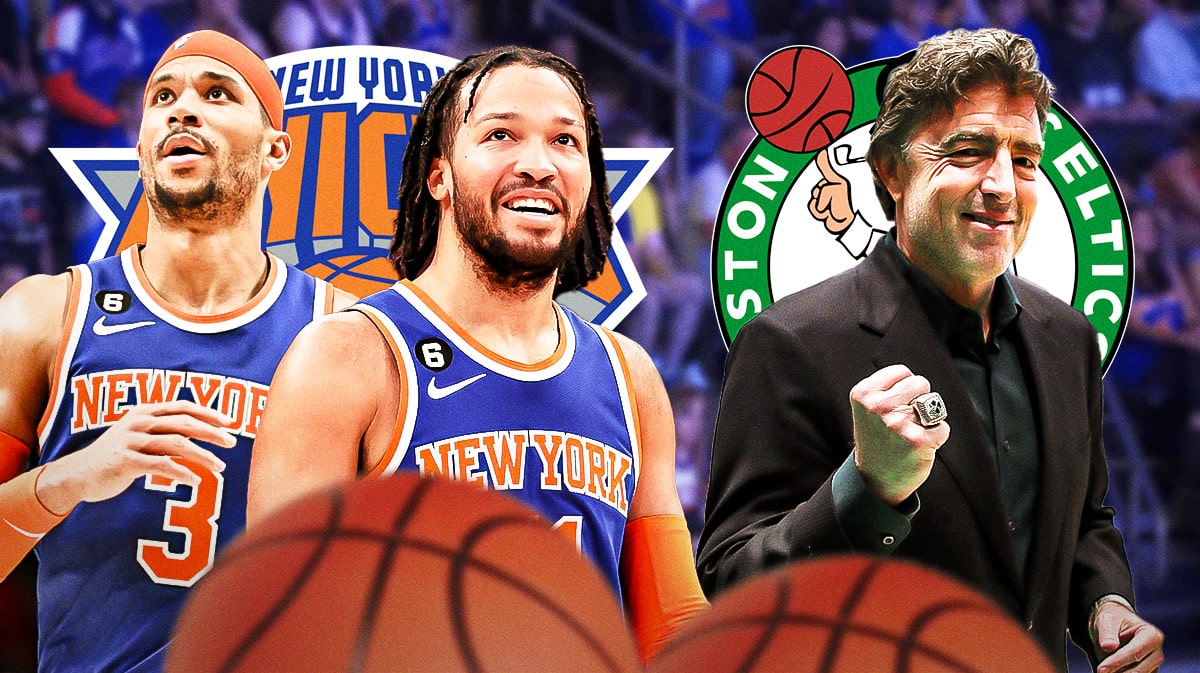 Jalen Brunson and Josh Hart alongside Celtics owner Wyc Grousbeck with both the Celtics and Knicks logos in the background