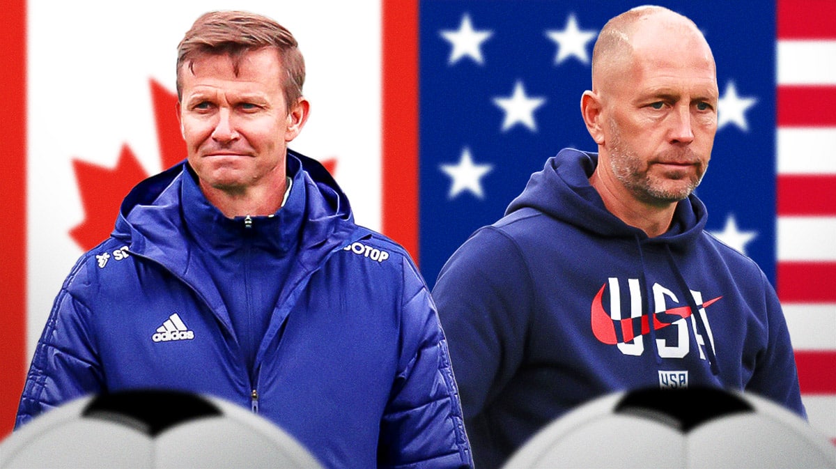 Jesse Marsch manaing Canada at Copa America on one side and Gregg Berhalter managing the USMNT on the other. Backgroud should be half a Canada flag on Marsch's side and half an American flag on Berhalter's side