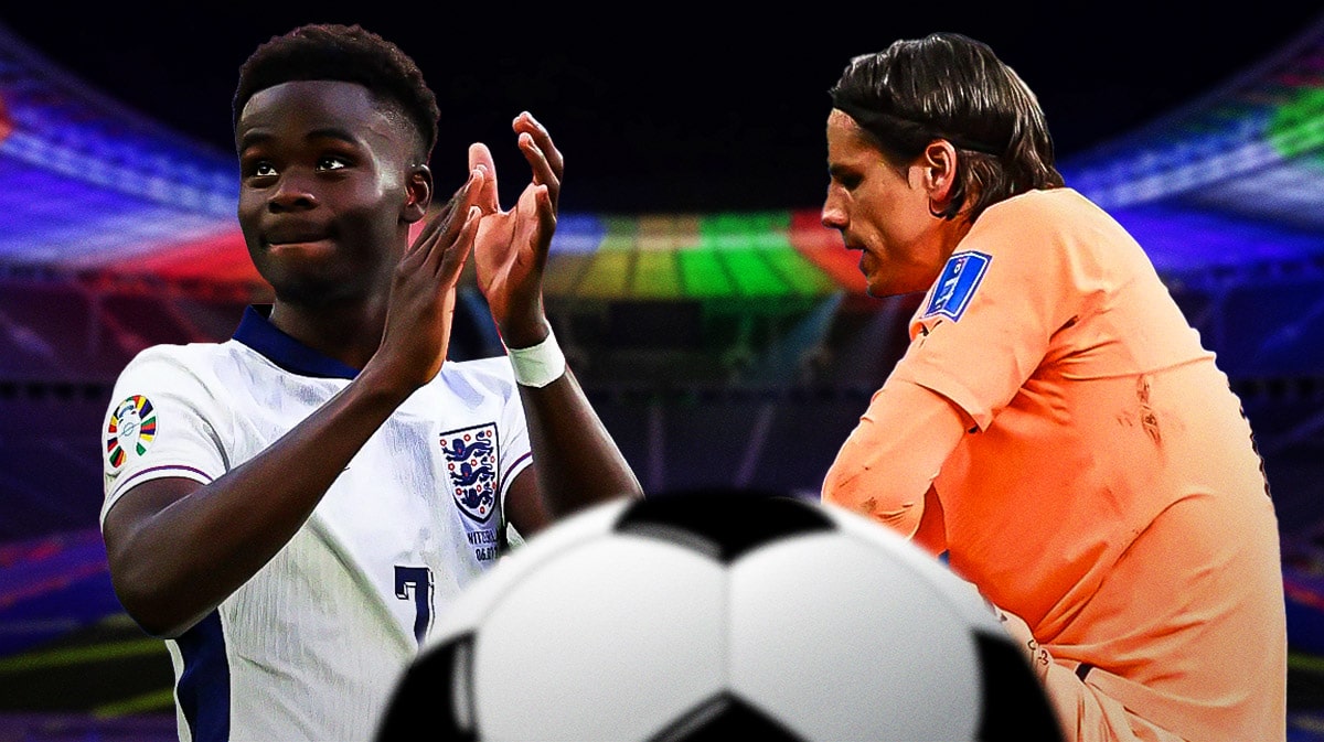 Bukayo Saka smiles in an England jersey while Yan Sommer cries in a Switzerland jersey