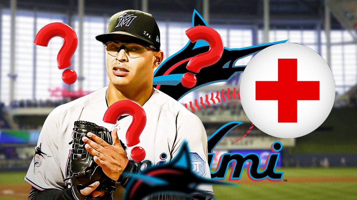 Miami Marlins pitcher Jesus Luzardo with an injury symbol and surrounded by red question mark emojis. There is also a logo for the Miami Marlins.