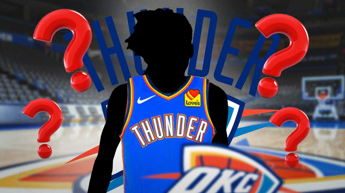 A silhouette of NBA free agency target Emoni Bates in a Thunder jersey next to a Thunder logo and question marks all around.