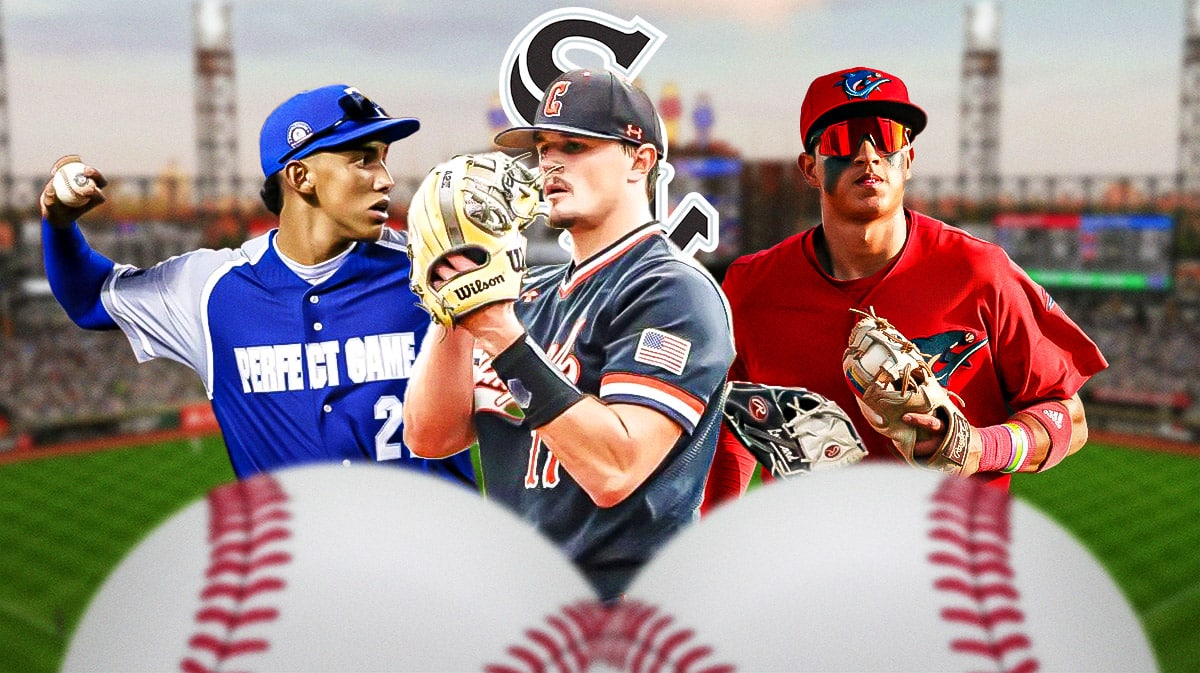 Cade Kuehler, George Lombard Jr, and Eduardo Tait in front of a White Sox logo trade deadline